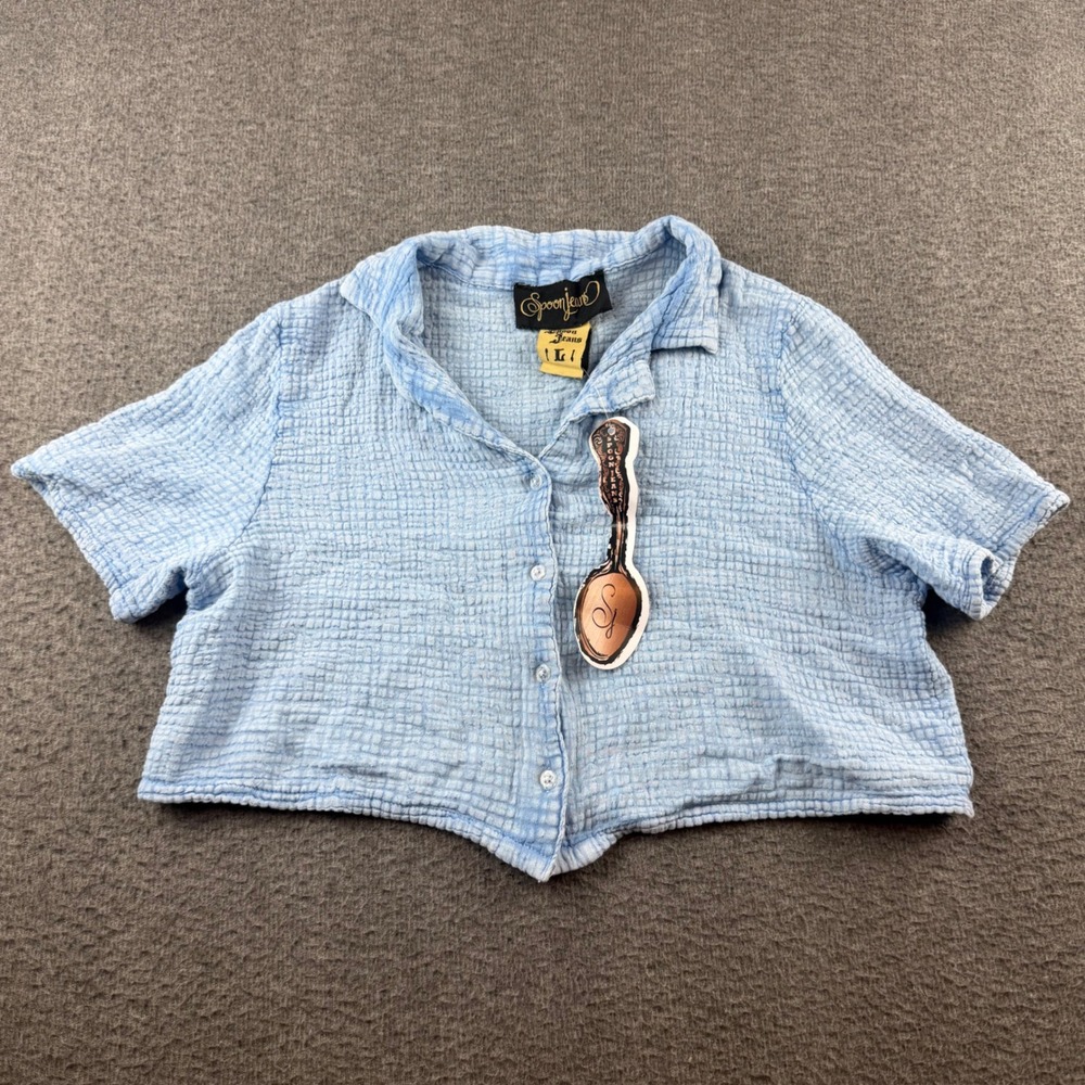 Spoon Jeans Crop Top Women's L Large Light Blue Acid Wash Gauze Button Front New